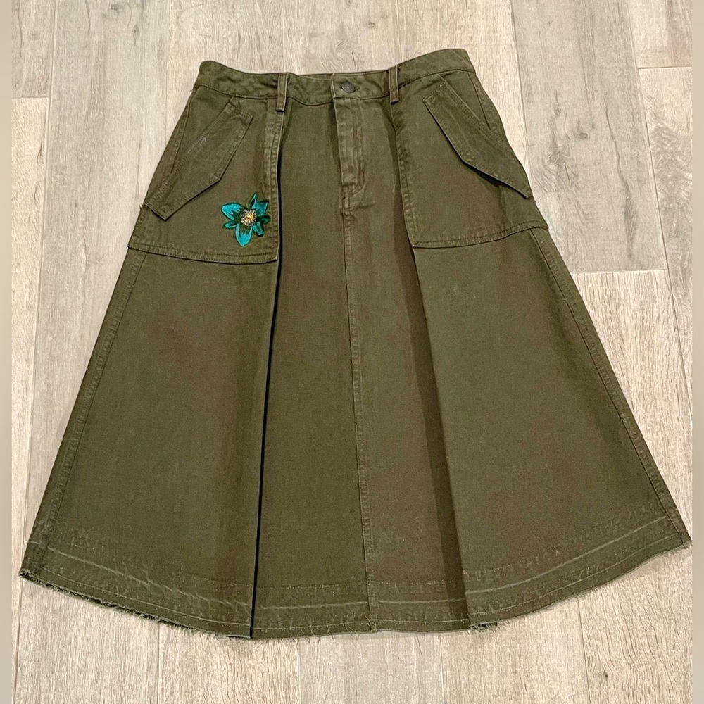 Zara Basic Z1975 Green Cotton Denim Style Look A-Line Flower Embroidery Skirt,S